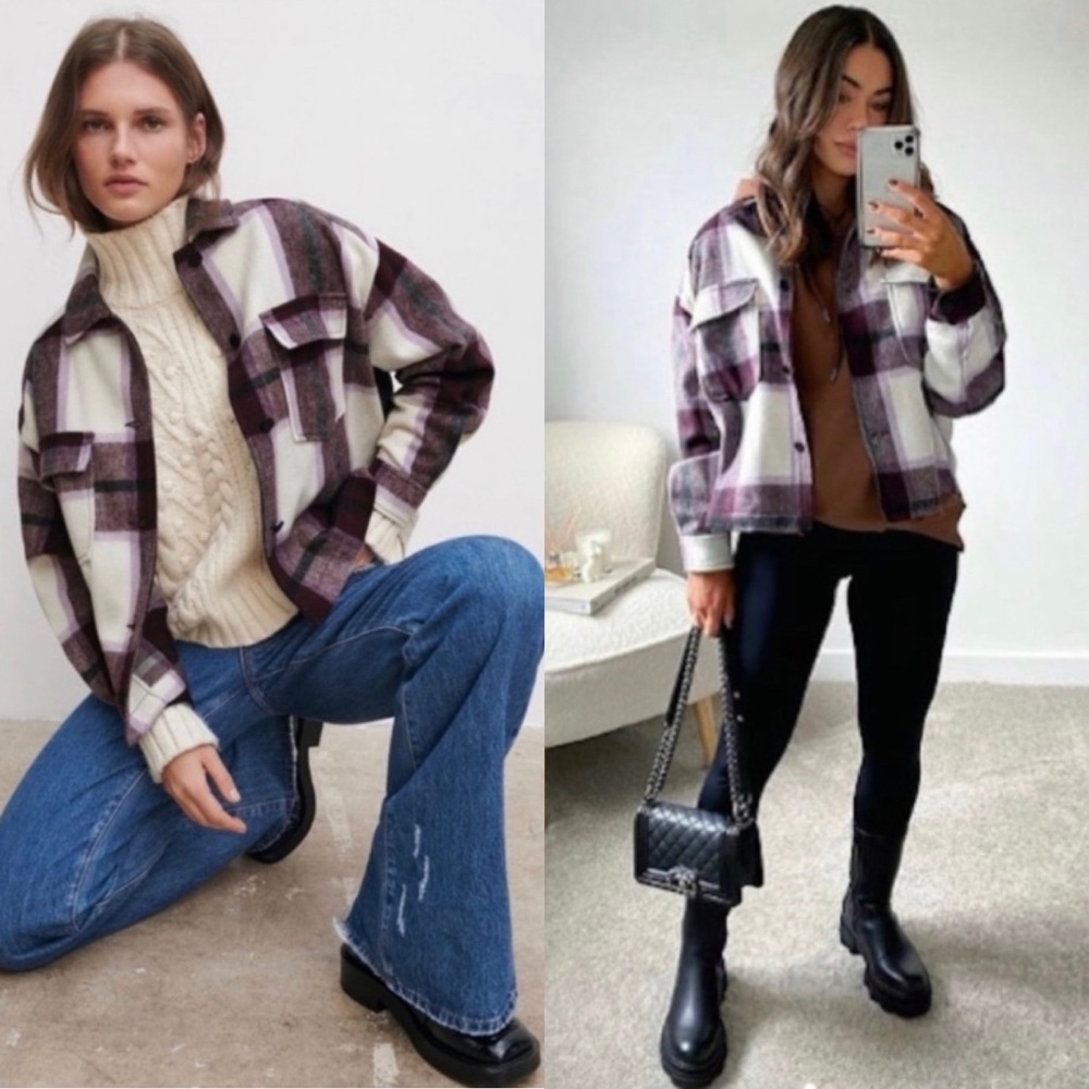 Zara Purple Check Plaid Wool-Blend Overshirt Shacket Jacket